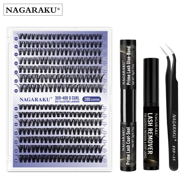 NAGARAKU 30P 40P 60P 80P Cluster Lashes DIY 280 Set Eyelash Extensions D Curl 9-15mm Mixed Lengths False Eyelashes